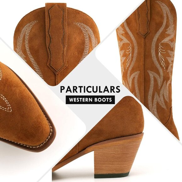 Women's Brown Mid Calf Cowgirl Western Boots Embroidered Suede Pull On - Picture 5 of 8